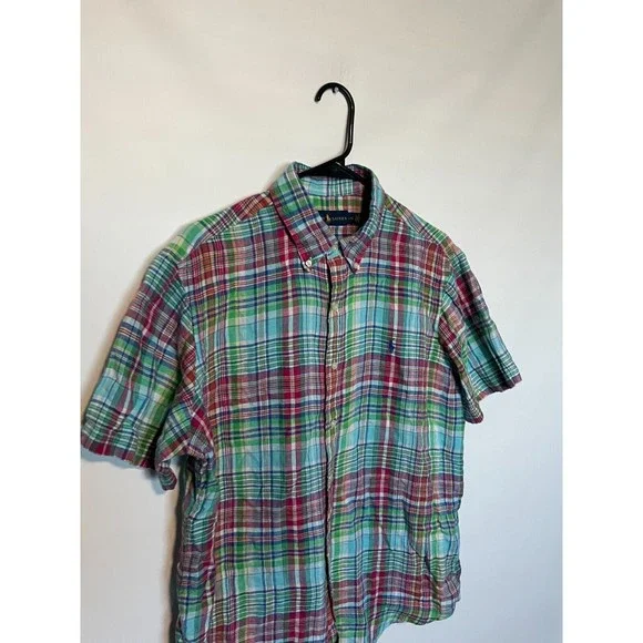 Ralph Lauren Linen Shirt Mens Large Red Blue Green Plaid Button Down Pony Preppy - Picture 2 of 8